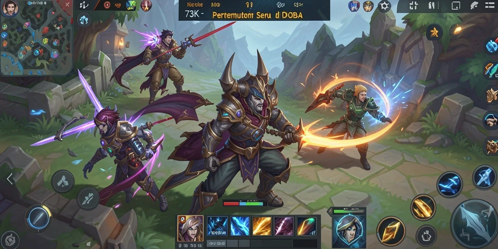 Tangkapan layar pertarungan intens dalam game MOBA 73K.