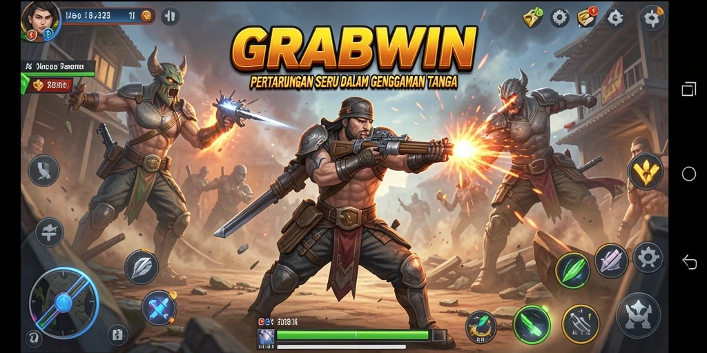 Tampilan gameplay seru dalam GRABWIN dengan karakter bertarung.