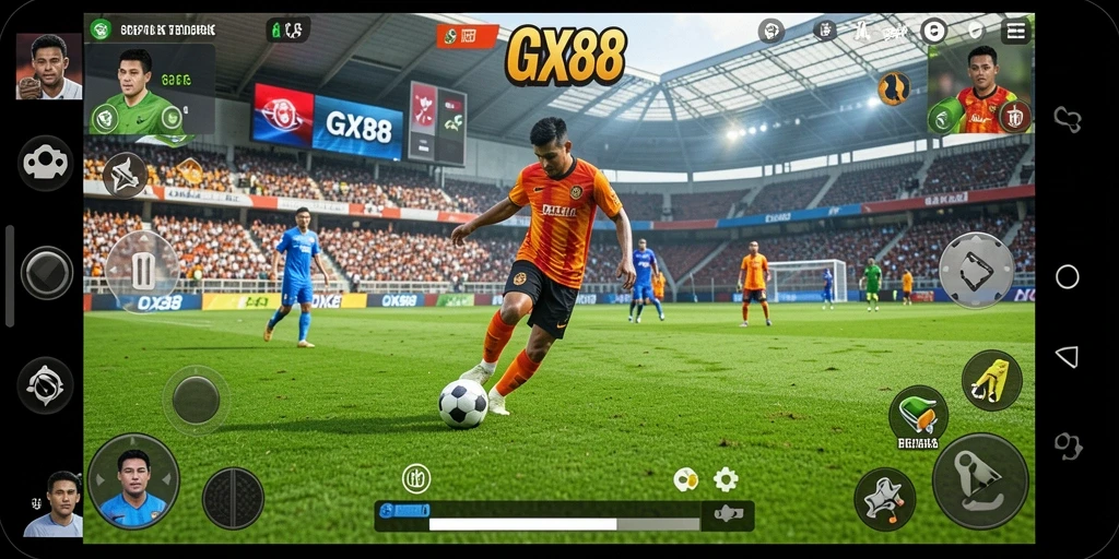 Tampilan menawan dari gameplay GX88, menampilkan aksi sepak bola yang mendebarkan.