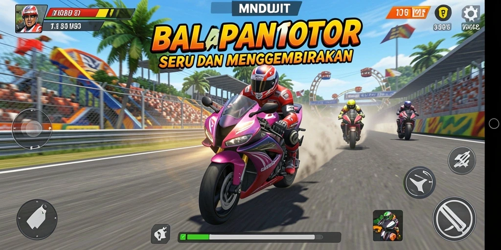 Screenshot gameplay menunjukkan balapan motor yang mendebarkan di trek yang menantang.